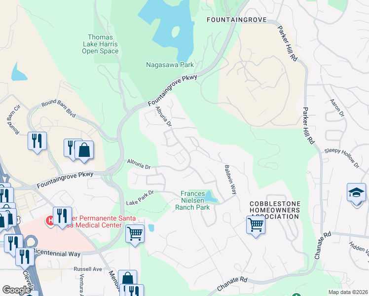 map of restaurants, bars, coffee shops, grocery stores, and more near Altruria Dr & Viewpointe Cir in Santa Rosa