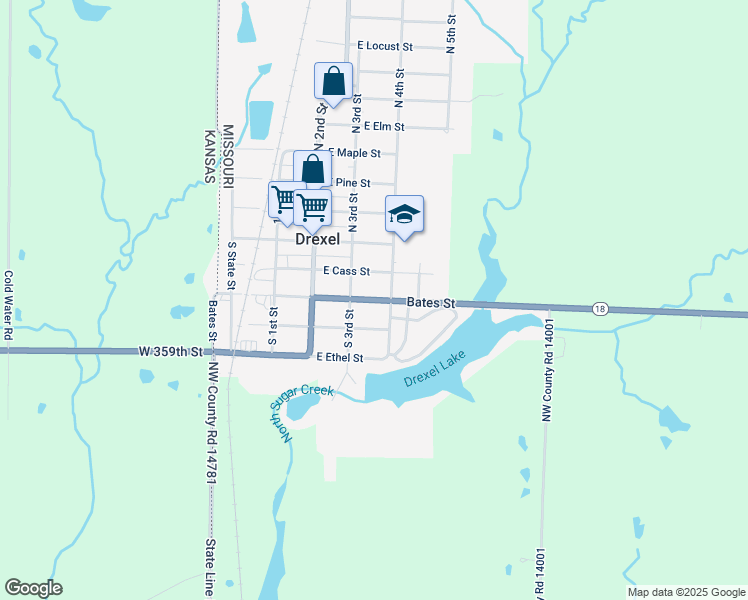 map of restaurants, bars, coffee shops, grocery stores, and more near 318 East Cass Street in Drexel