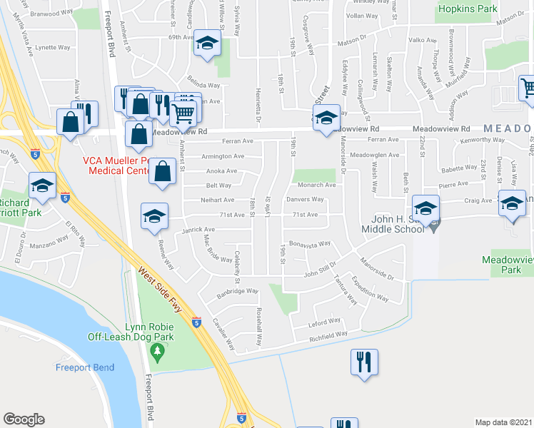 map of restaurants, bars, coffee shops, grocery stores, and more near 7699 Lytle Street in Sacramento