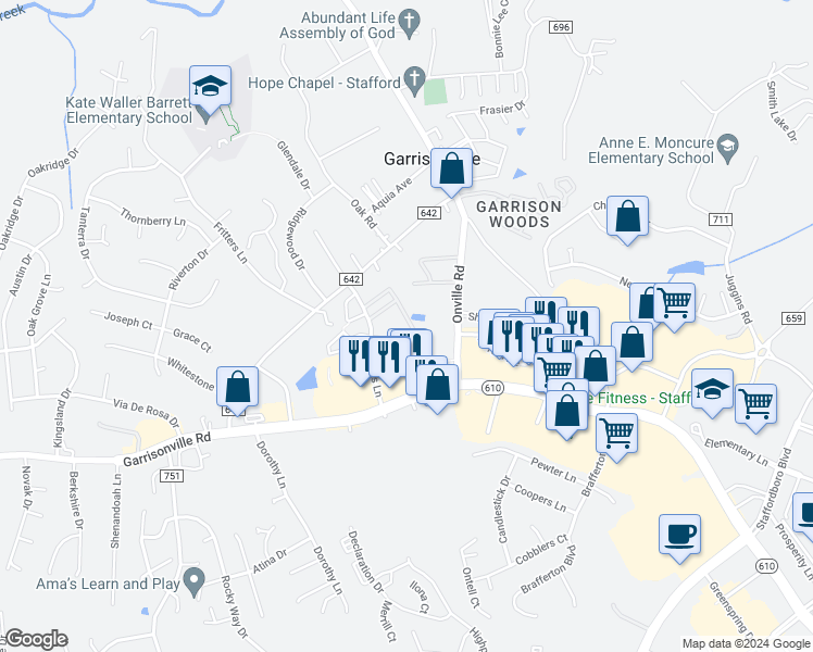 map of restaurants, bars, coffee shops, grocery stores, and more near 309 Surry Lane in Stafford