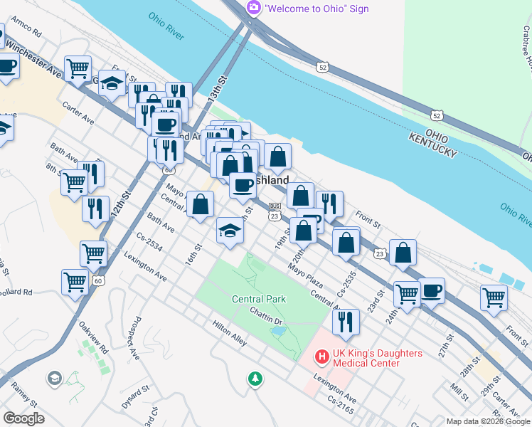 map of restaurants, bars, coffee shops, grocery stores, and more near 1736 Winchester Avenue in Ashland