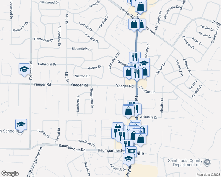 map of restaurants, bars, coffee shops, grocery stores, and more near 2559 Yaeger Road in St. Louis