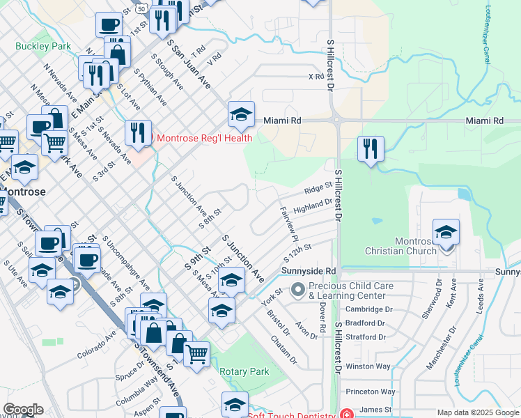 map of restaurants, bars, coffee shops, grocery stores, and more near 1031 Ridge Street in Montrose