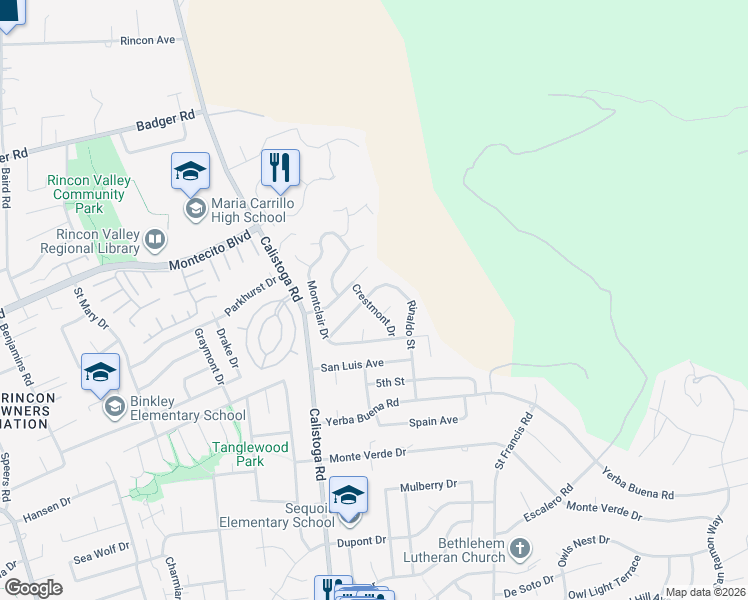 map of restaurants, bars, coffee shops, grocery stores, and more near 636 Crestmont Drive in Santa Rosa