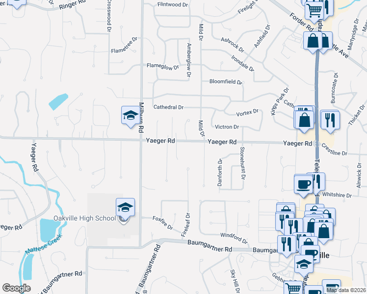 map of restaurants, bars, coffee shops, grocery stores, and more near 2811 Yaeger Road in St. Louis
