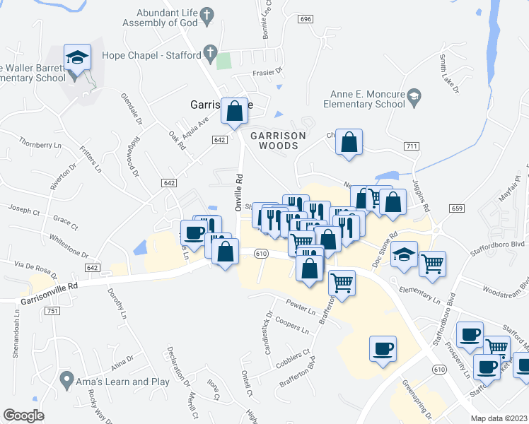 map of restaurants, bars, coffee shops, grocery stores, and more near 32 Onville Road in Stafford
