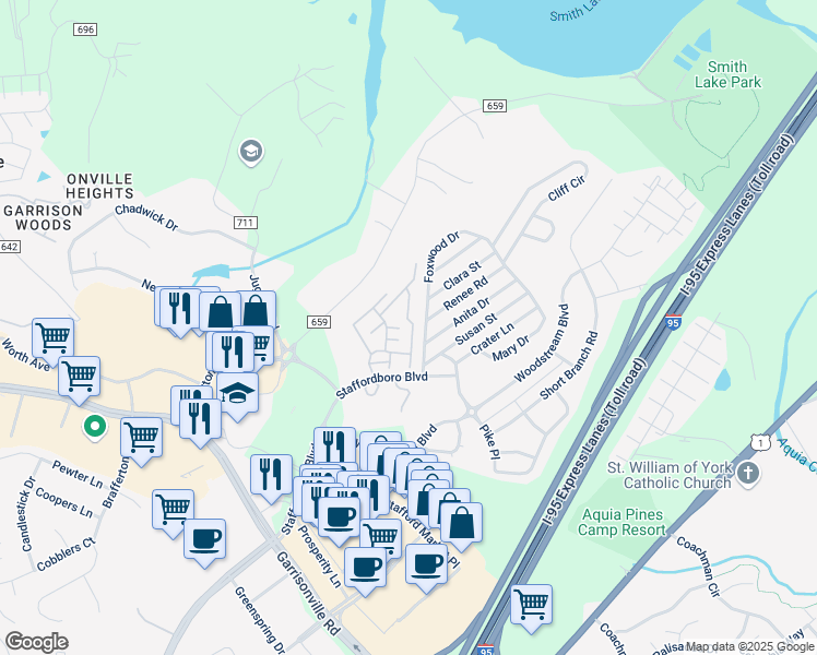 map of restaurants, bars, coffee shops, grocery stores, and more near 302 Grosvenor Lane in Stafford