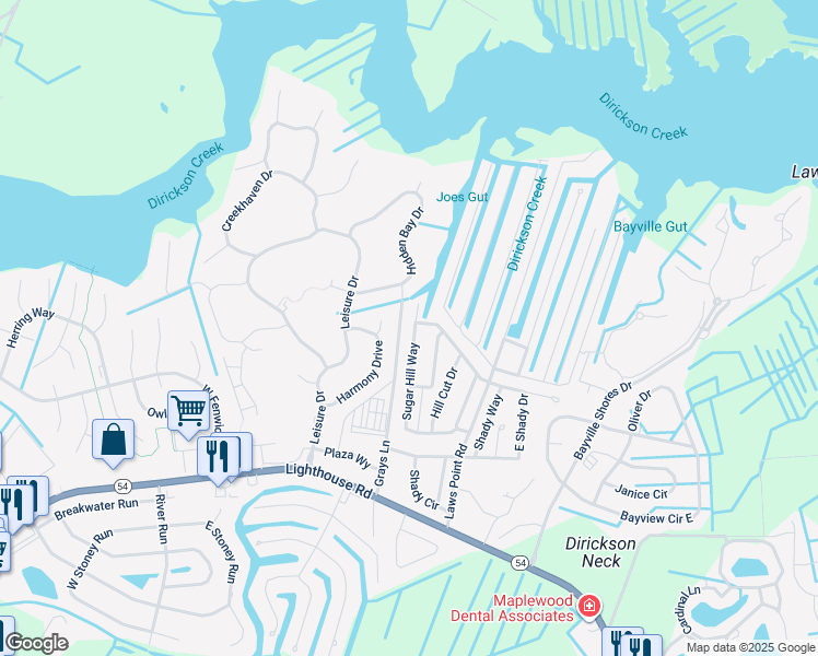 map of restaurants, bars, coffee shops, grocery stores, and more near 37190 Sugar Hill Way in Selbyville