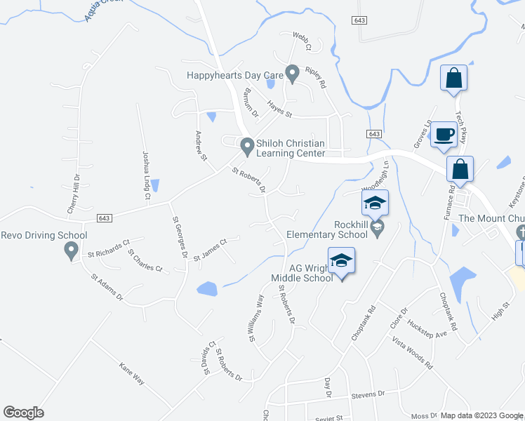 map of restaurants, bars, coffee shops, grocery stores, and more near 16 Saint Roberts Drive in Stafford
