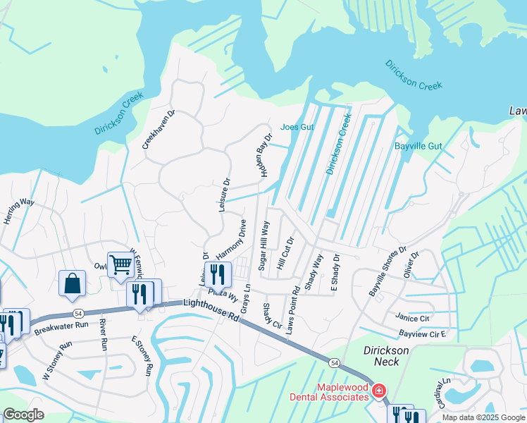 map of restaurants, bars, coffee shops, grocery stores, and more near 37190 Sugar Hill Way in Selbyville