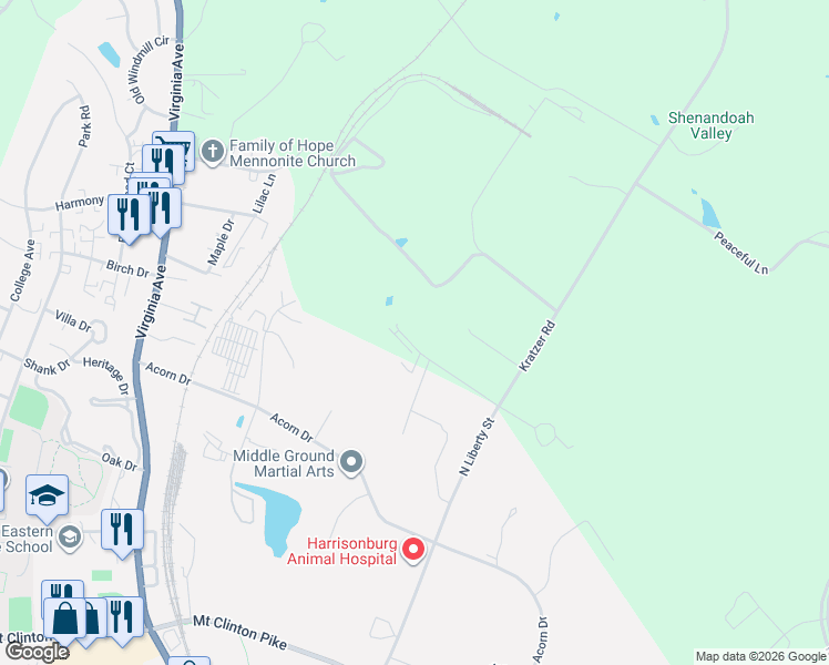 map of restaurants, bars, coffee shops, grocery stores, and more near 801 Friendship Drive in Harrisonburg