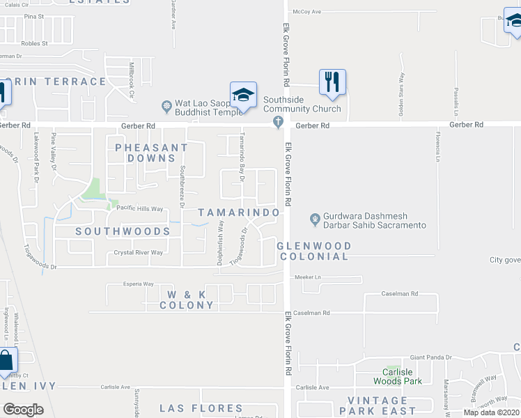 map of restaurants, bars, coffee shops, grocery stores, and more near 7658 Roosterfish Way in Sacramento