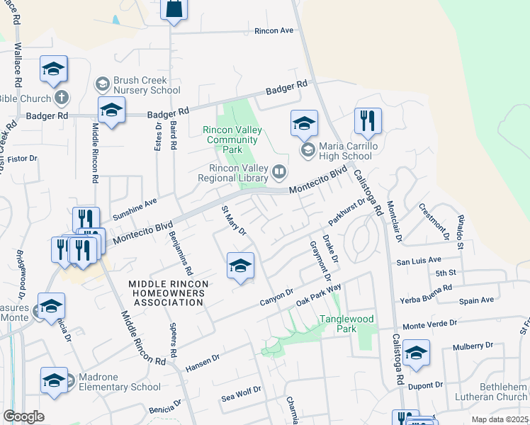 map of restaurants, bars, coffee shops, grocery stores, and more near 103 Glenoak Court in Santa Rosa