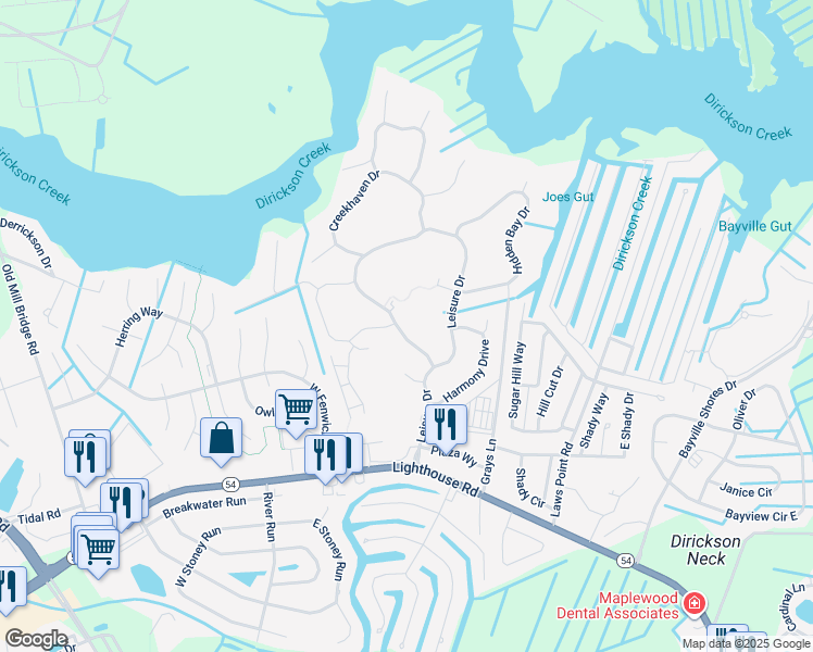 map of restaurants, bars, coffee shops, grocery stores, and more near 37543 Leisure Drive in Selbyville