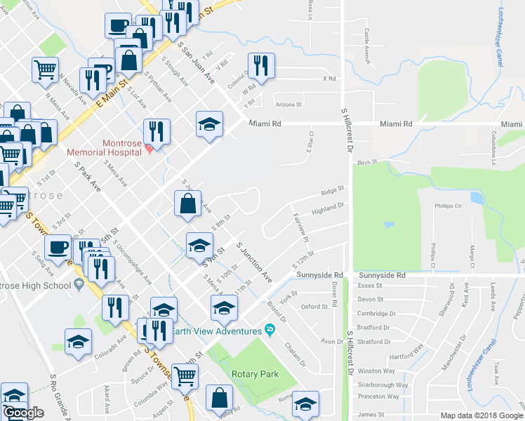 map of restaurants, bars, coffee shops, grocery stores, and more near 1209 Centennial Drive in Montrose