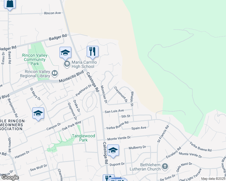 map of restaurants, bars, coffee shops, grocery stores, and more near 5224 Piedmont Drive in Santa Rosa