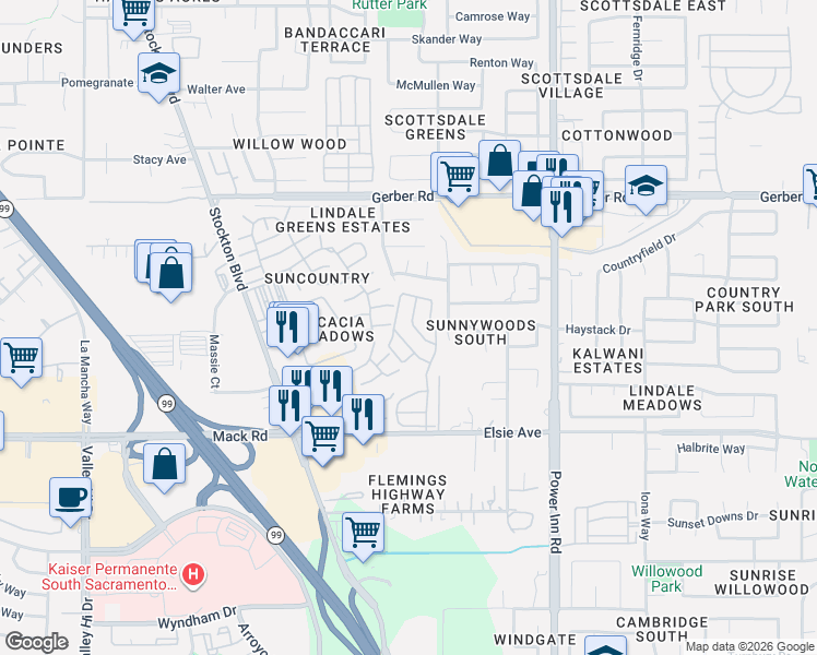 map of restaurants, bars, coffee shops, grocery stores, and more near 7708 La Reina Way in Sacramento