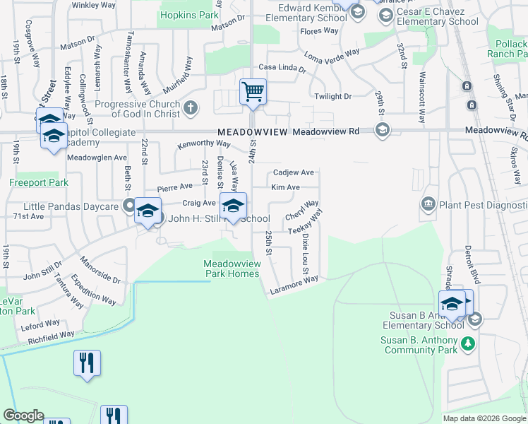 map of restaurants, bars, coffee shops, grocery stores, and more near 7687 25th Street in Sacramento