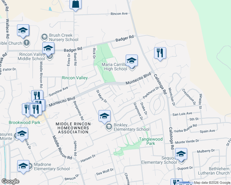 map of restaurants, bars, coffee shops, grocery stores, and more near 107 Glenoak Court in Santa Rosa