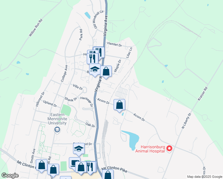 map of restaurants, bars, coffee shops, grocery stores, and more near 1632 Virginia Avenue in Harrisonburg