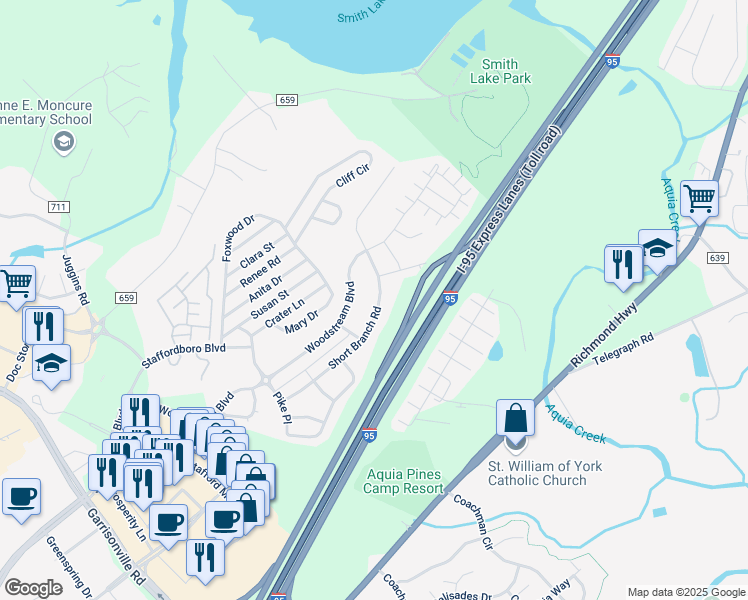 map of restaurants, bars, coffee shops, grocery stores, and more near 123 Short Branch Road in Stafford
