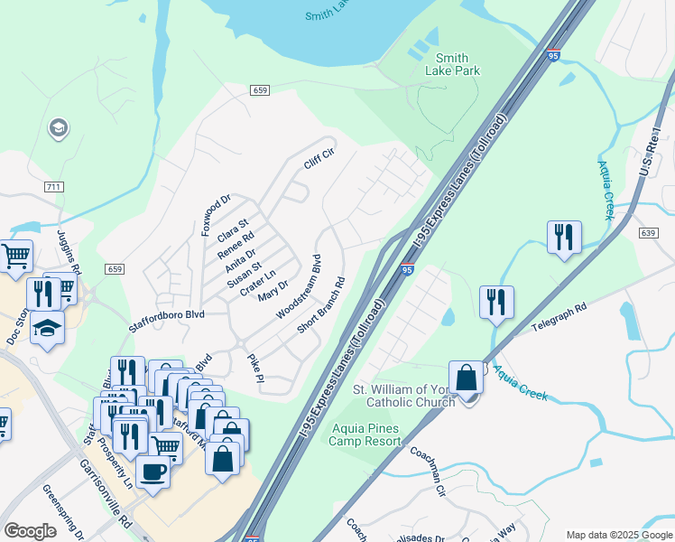 map of restaurants, bars, coffee shops, grocery stores, and more near 123 Short Branch Road in Stafford