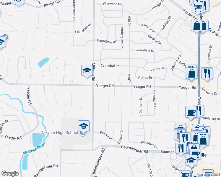 map of restaurants, bars, coffee shops, grocery stores, and more near 2844 Yaeger Road in St. Louis