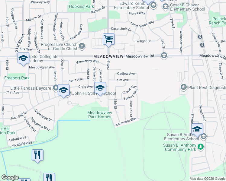 map of restaurants, bars, coffee shops, grocery stores, and more near 7687 25th Street in Sacramento
