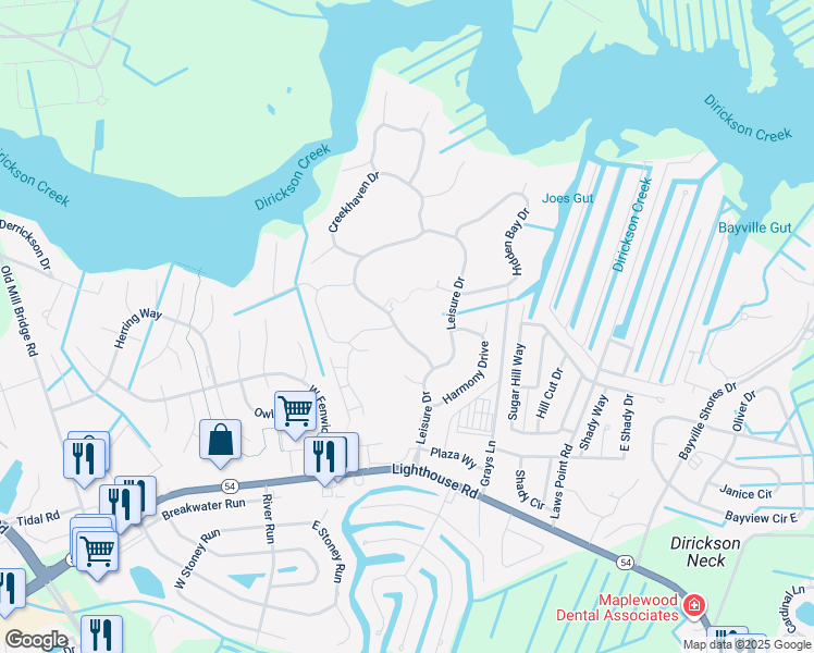 map of restaurants, bars, coffee shops, grocery stores, and more near 37543 Leisure Drive in Selbyville