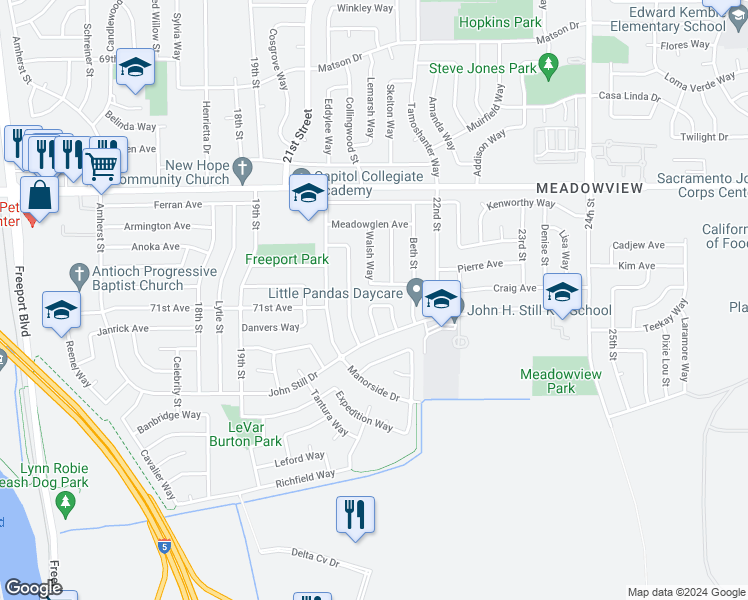 map of restaurants, bars, coffee shops, grocery stores, and more near 7706 Walsh Way in Sacramento