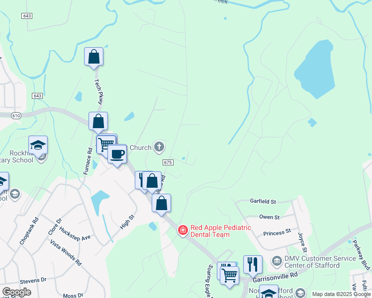 map of restaurants, bars, coffee shops, grocery stores, and more near 76 Toluca Road in Stafford
