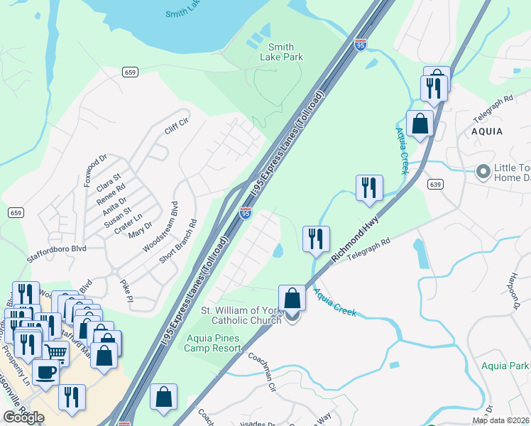 map of restaurants, bars, coffee shops, grocery stores, and more near 104 Stingray Court in Stafford