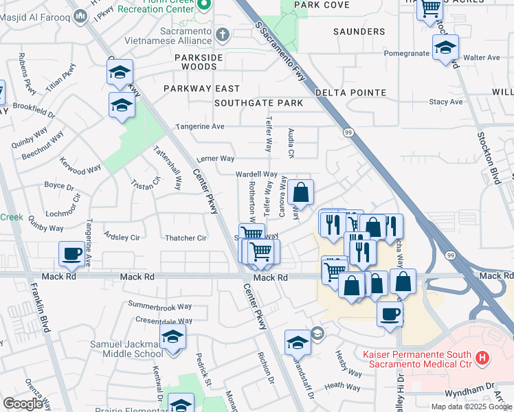 map of restaurants, bars, coffee shops, grocery stores, and more near 7712 Telfer Way in Sacramento