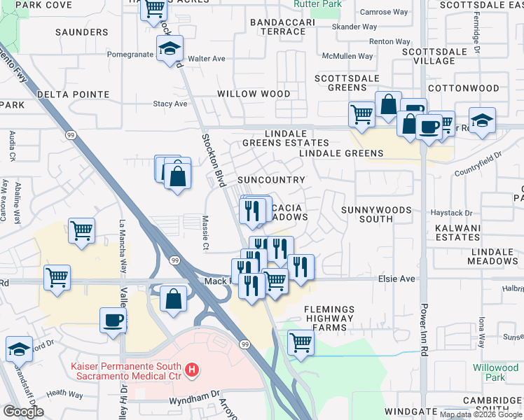 map of restaurants, bars, coffee shops, grocery stores, and more near 7229 Kallie Kay Lane in Sacramento
