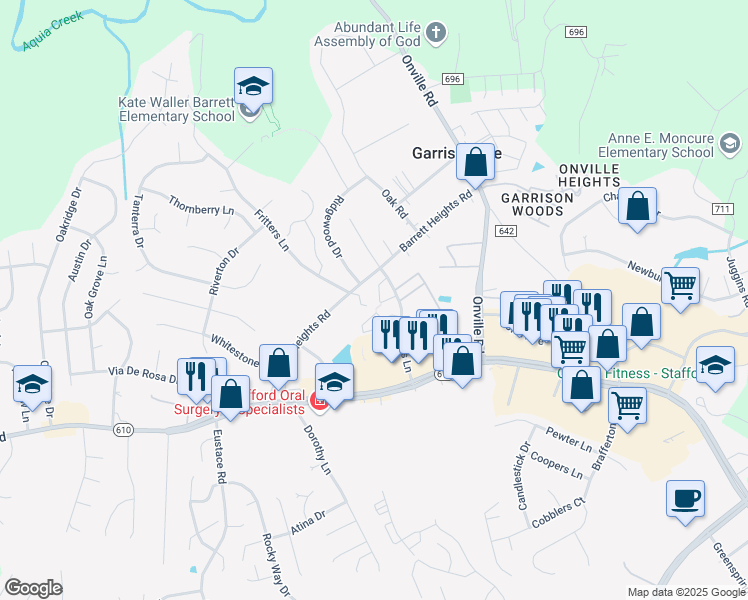 map of restaurants, bars, coffee shops, grocery stores, and more near 407 Powhatan Court in Stafford