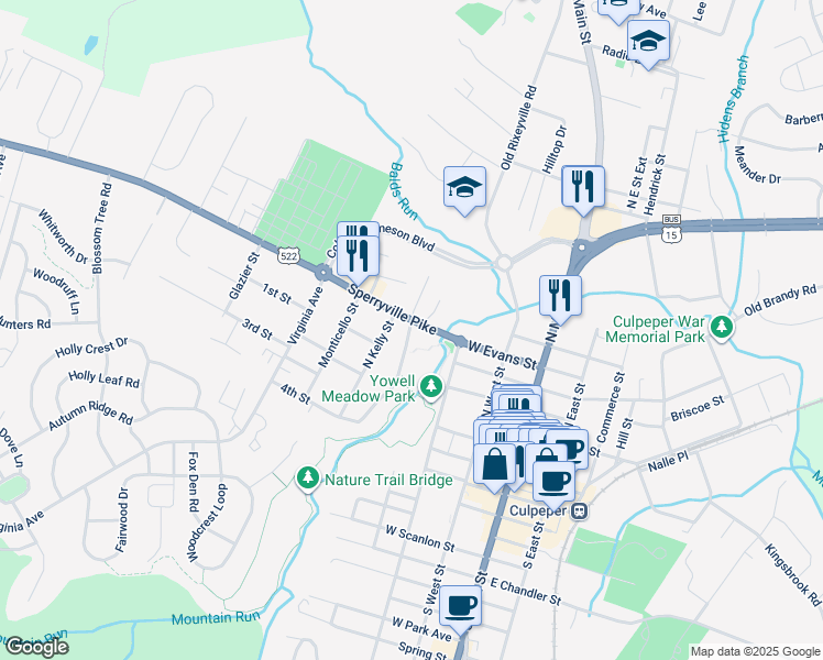 map of restaurants, bars, coffee shops, grocery stores, and more near 401 Sperryville Pike in Culpeper