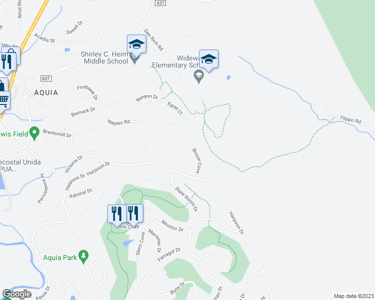 map of restaurants, bars, coffee shops, grocery stores, and more near 214 Bosun Cove in Stafford