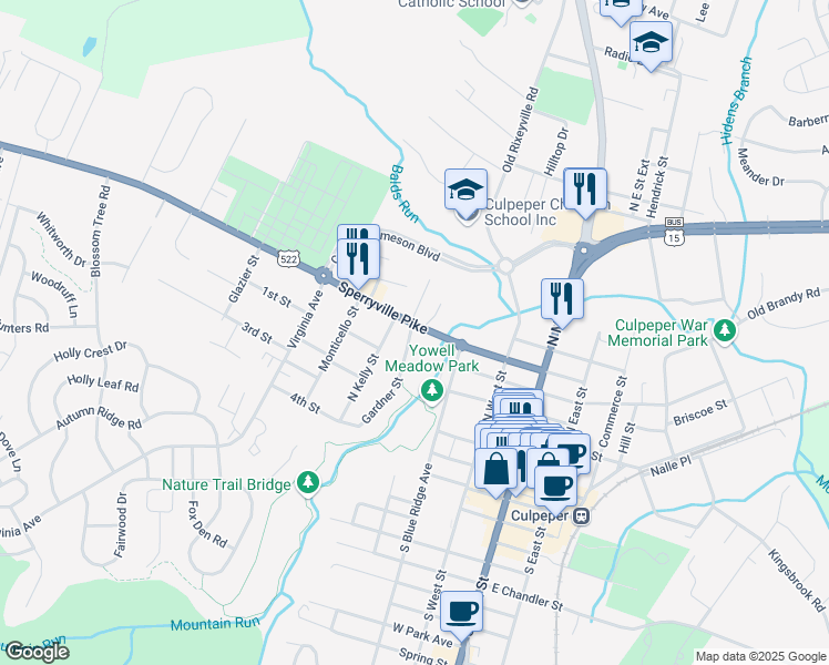 map of restaurants, bars, coffee shops, grocery stores, and more near 401 Sperryville Pike in Culpeper