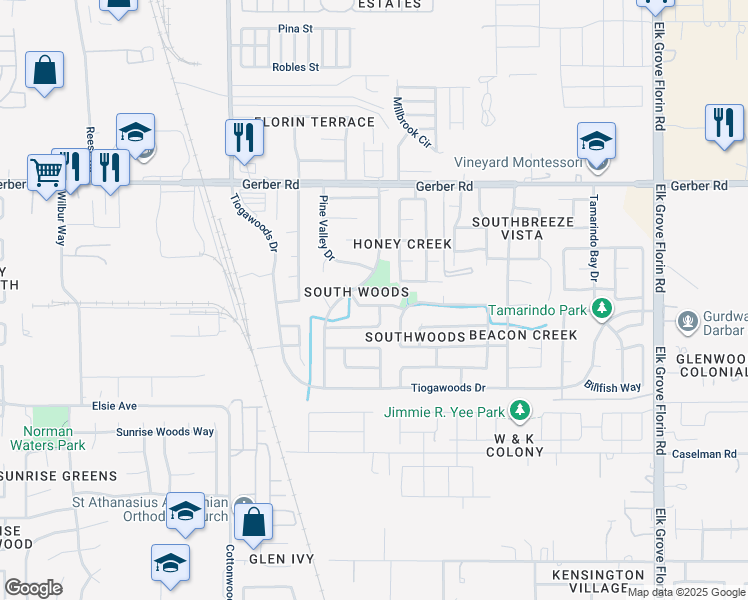 map of restaurants, bars, coffee shops, grocery stores, and more near 8637 Prairiewoods Drive in Sacramento