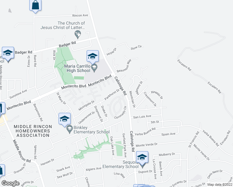 map of restaurants, bars, coffee shops, grocery stores, and more near 5150 Parkhurst Drive in Santa Rosa