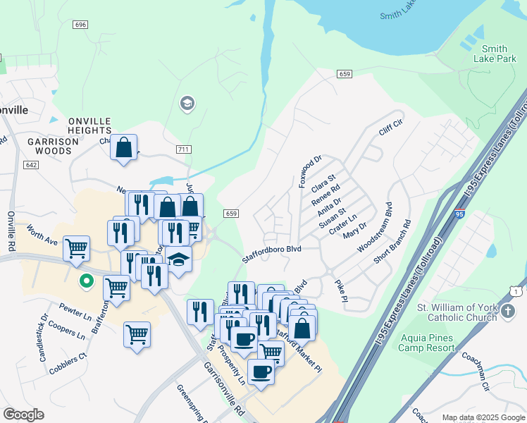 map of restaurants, bars, coffee shops, grocery stores, and more near 308 Westminster Lane in Stafford