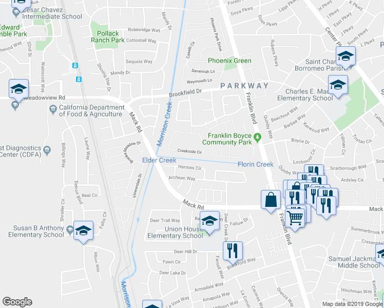 map of restaurants, bars, coffee shops, grocery stores, and more near 161 Creekside Circle in Sacramento