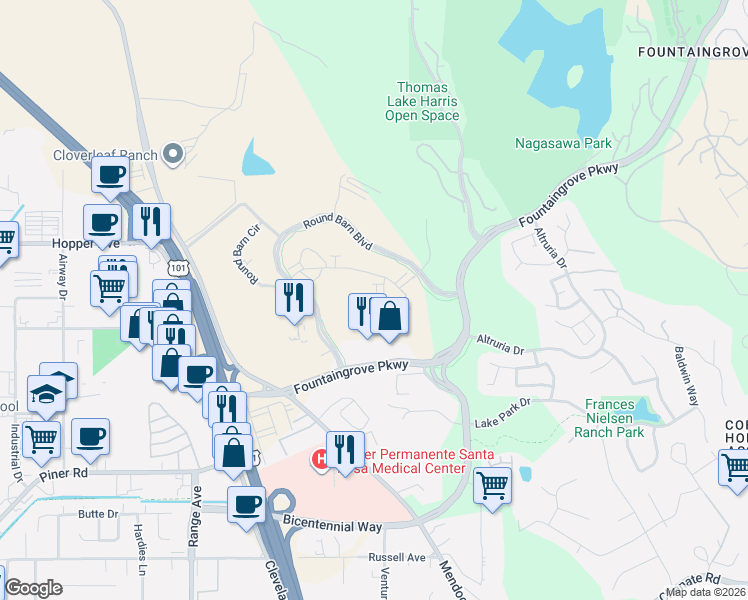 map of restaurants, bars, coffee shops, grocery stores, and more near Centrum Pl in Santa Rosa