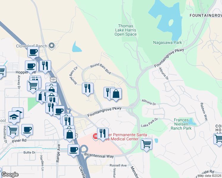 map of restaurants, bars, coffee shops, grocery stores, and more near Centrum Pl in Santa Rosa