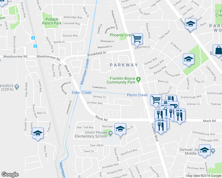 map of restaurants, bars, coffee shops, grocery stores, and more near 340 Sun Shower Circle in Sacramento
