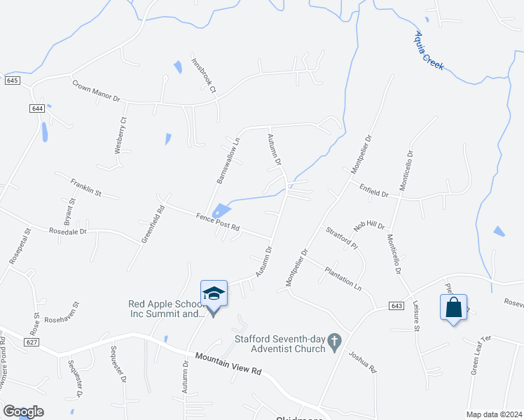 map of restaurants, bars, coffee shops, grocery stores, and more near 130 Autumn Drive in Stafford