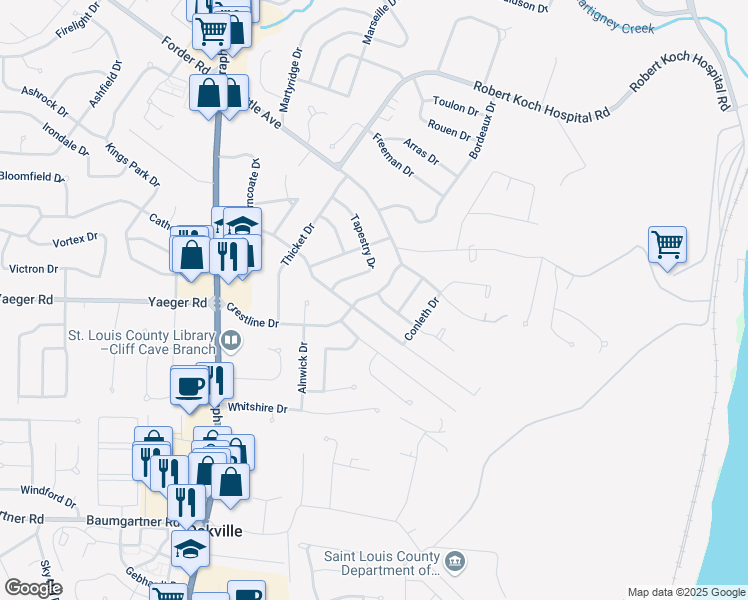 map of restaurants, bars, coffee shops, grocery stores, and more near 4538 Crestline Drive in St. Louis