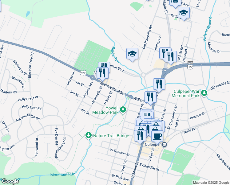 map of restaurants, bars, coffee shops, grocery stores, and more near 405 Sperryville Pike in Culpeper