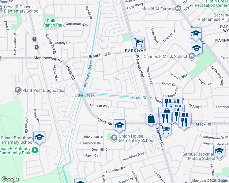 map of restaurants, bars, coffee shops, grocery stores, and more near 340 Sun Shower Circle in Sacramento
