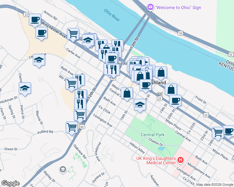 map of restaurants, bars, coffee shops, grocery stores, and more near 1420 Central Avenue in Ashland